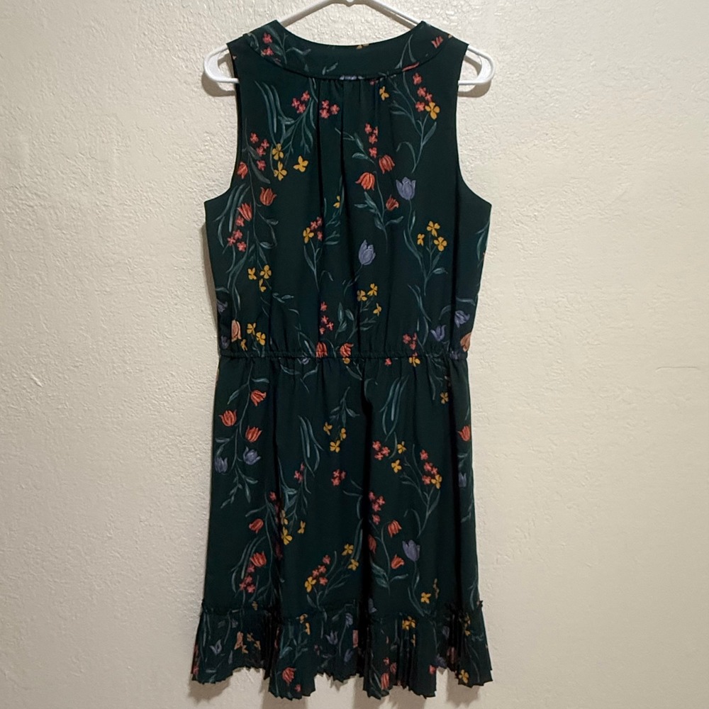 Ann Taylor Factory Green Floral Sleeveless Tie Neck Ruffle Hem Dress Large - Picture 10 of 14